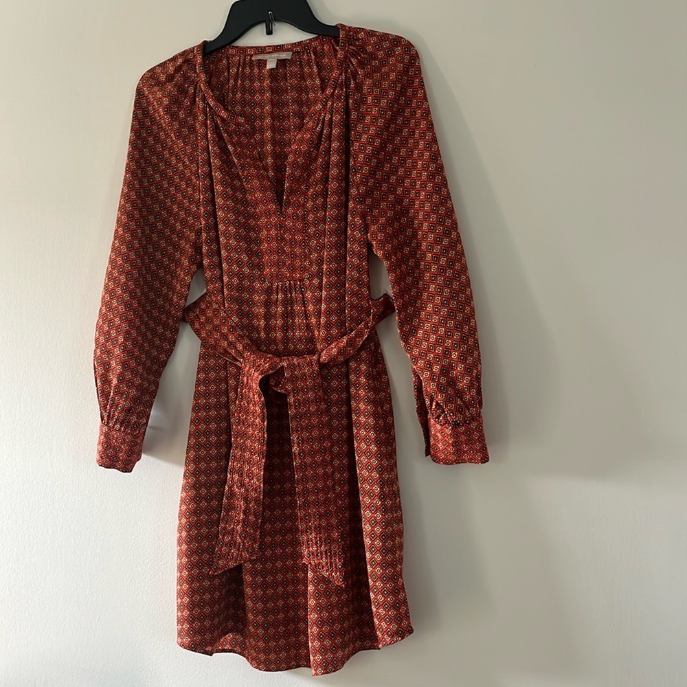 BANANA REPUBLIC Long Sleeve Belted Mini Dress Printed Rust Orange 14P
